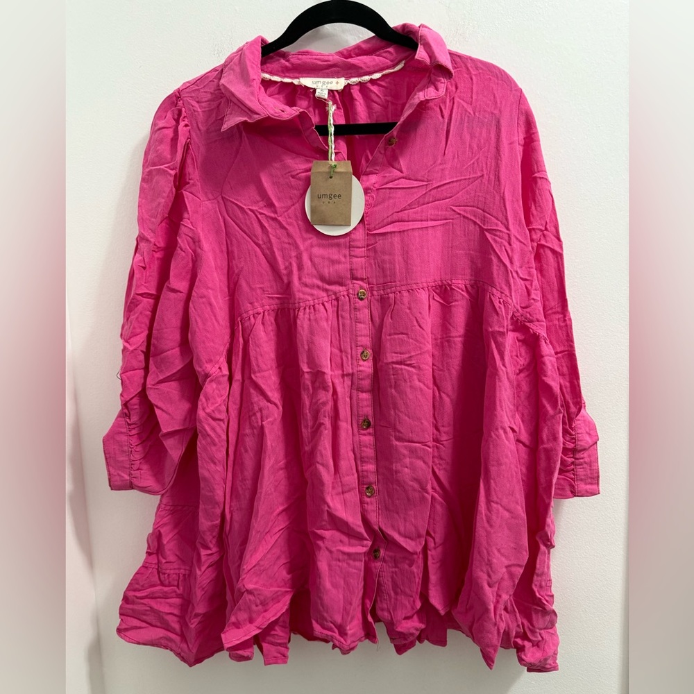 Umgee Hot Pink Button-Front Peasant Blouse